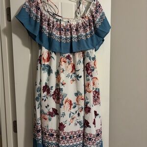 Peppermint Floral Ruffle Dress - Blue and White